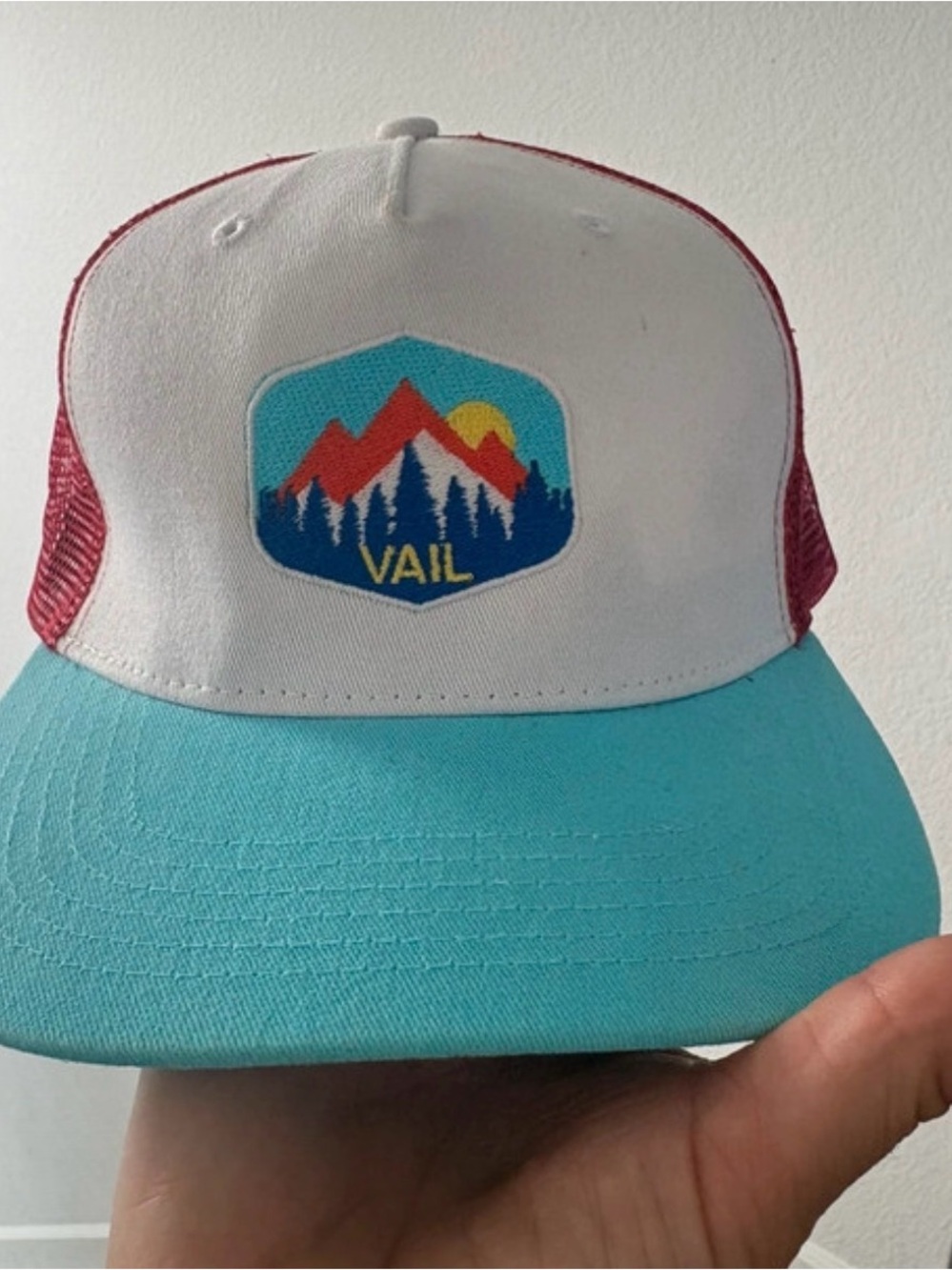 Vail Mountain Patch Trucker Hat - White, Aqua & Red